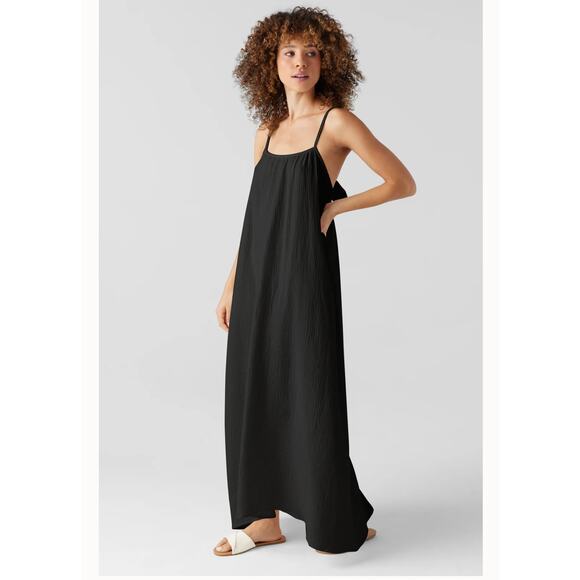 Sol Angeles Long Gauzy Maxi Dress Black M/L Swim Cover Tieback $128 NWT Flowy - Picture 1 of 13
